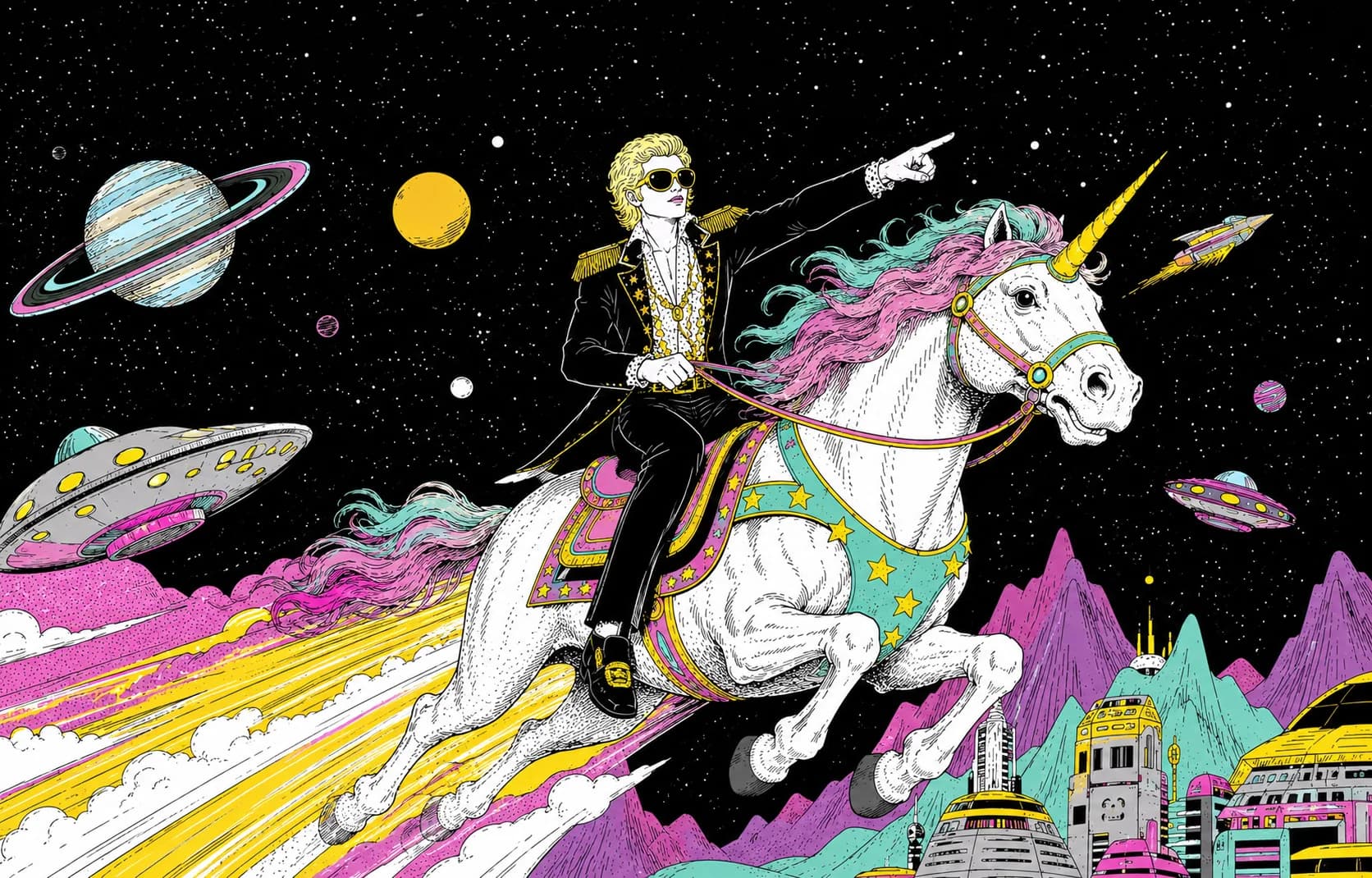 Illustration: Ziggy reitet auf einem Einhorn durch den Sternenhimmel auf eine leuchtende Stadt zu.